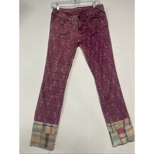 Free People W26 Purple Damask Jacquard Skinny Jeans Plaid Cuff Boho Pants